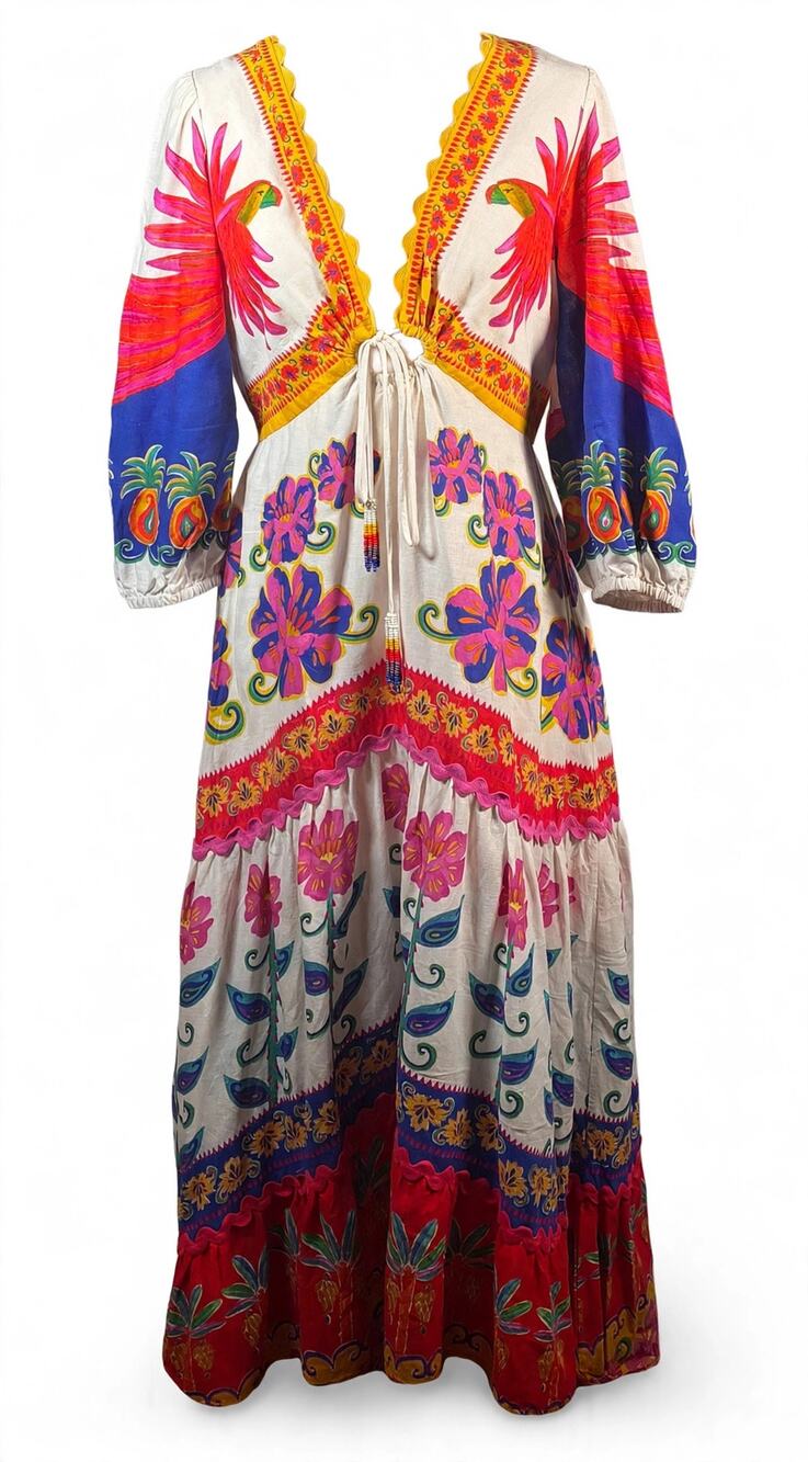 FARM Rio Toucans Scarf Cream Maxi Dress M Tie Front Beaded